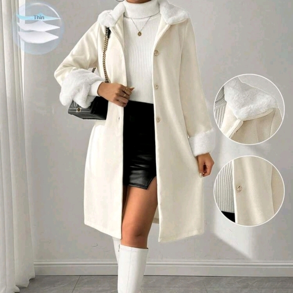 Solid Color Button-Front Long Sleeve Fur Collar Casual Jacket